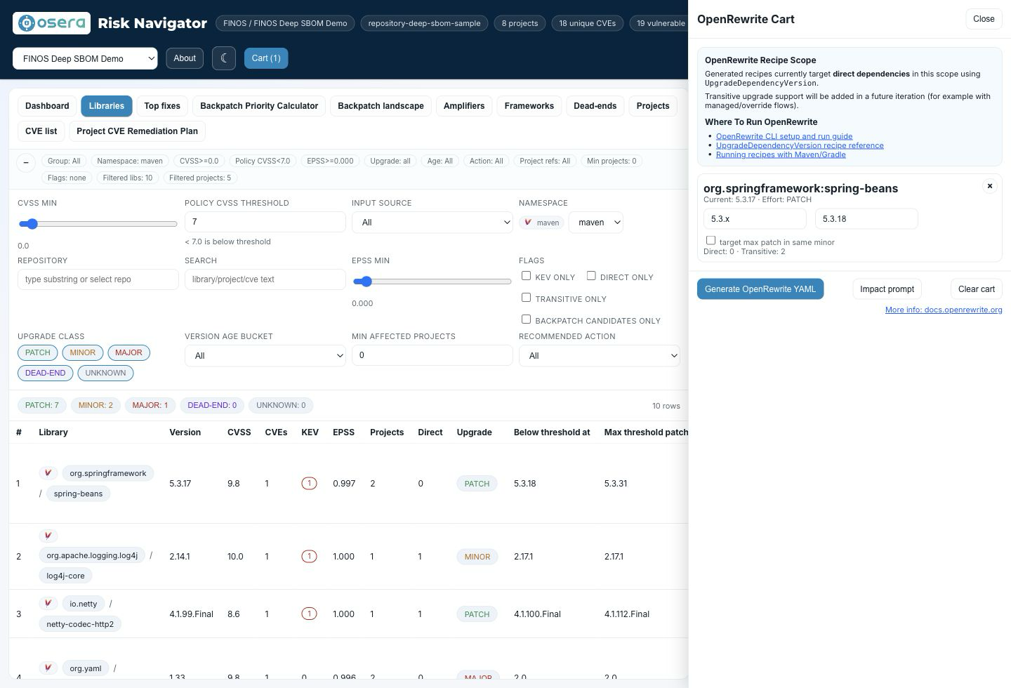 Risk Navigator OpenRewrite cart panel